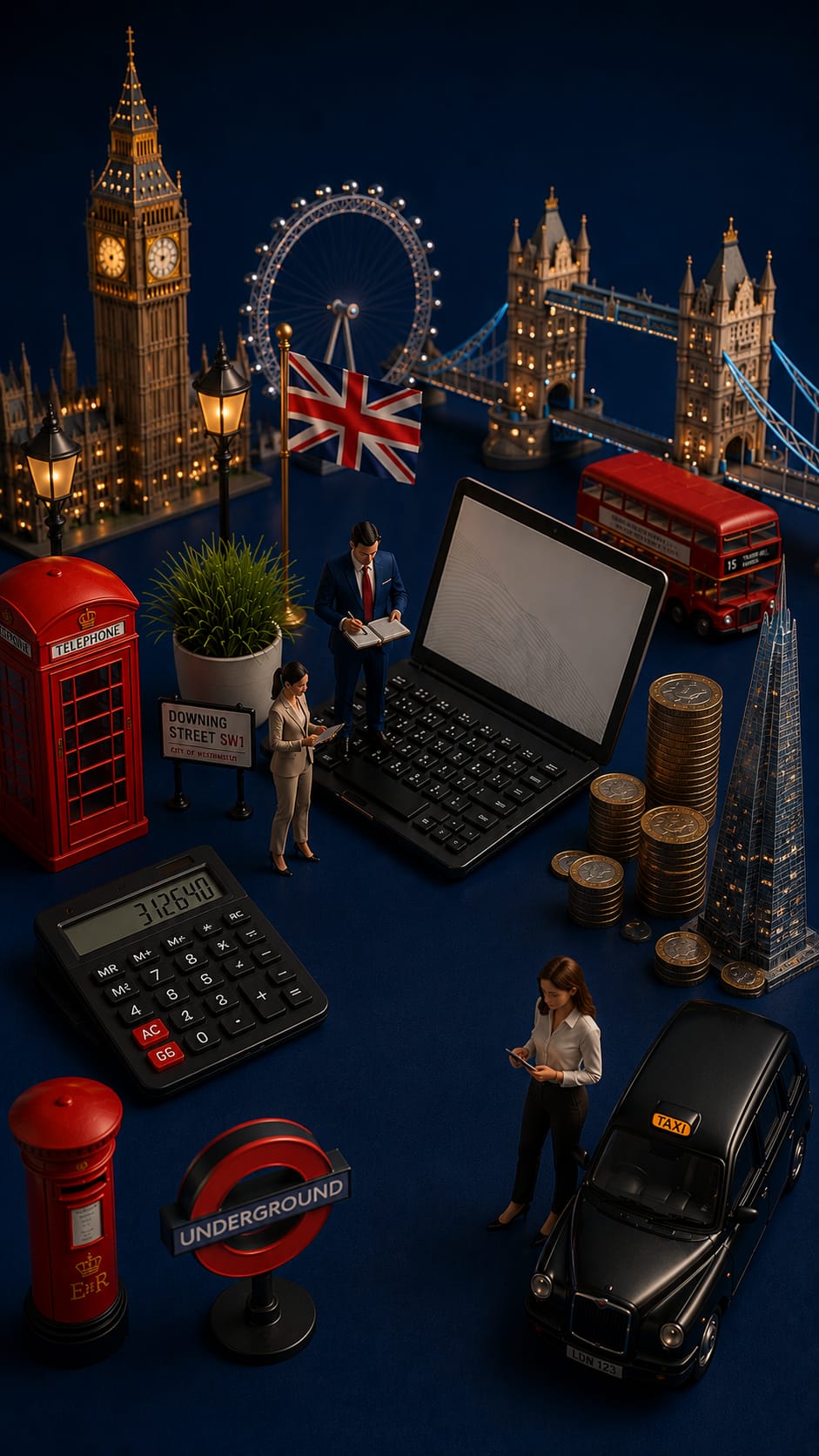 Miniature London landmarks arranged around a calculator, laptop and stacks of coins
