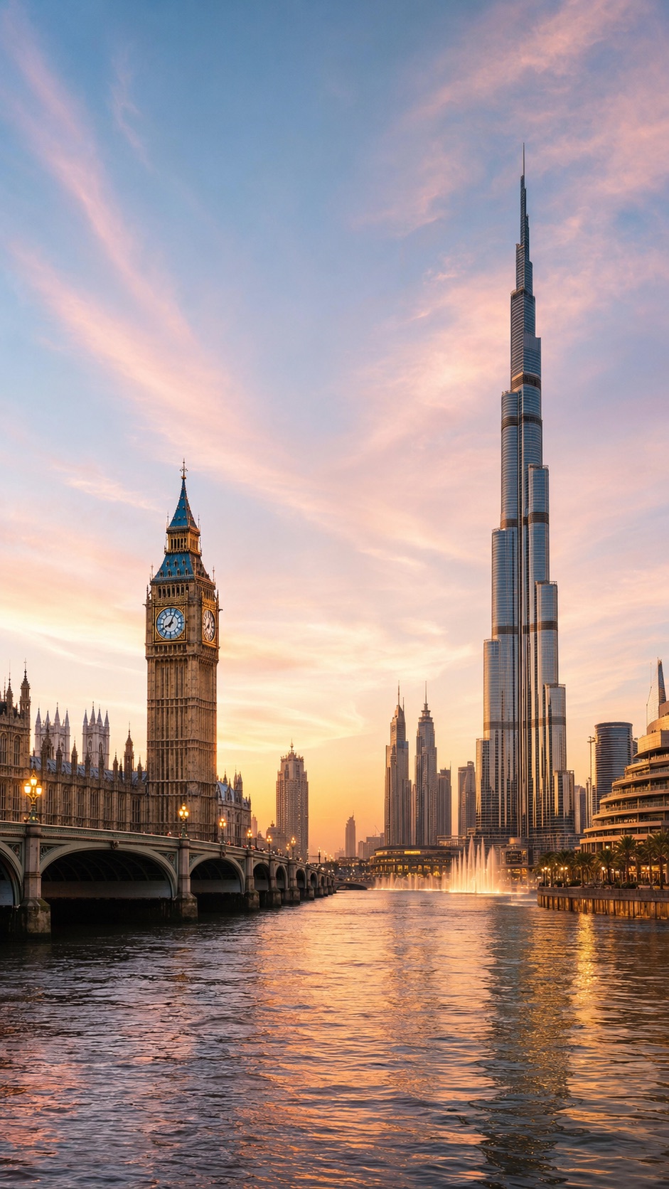 London and Dubai skylines viewed across the water