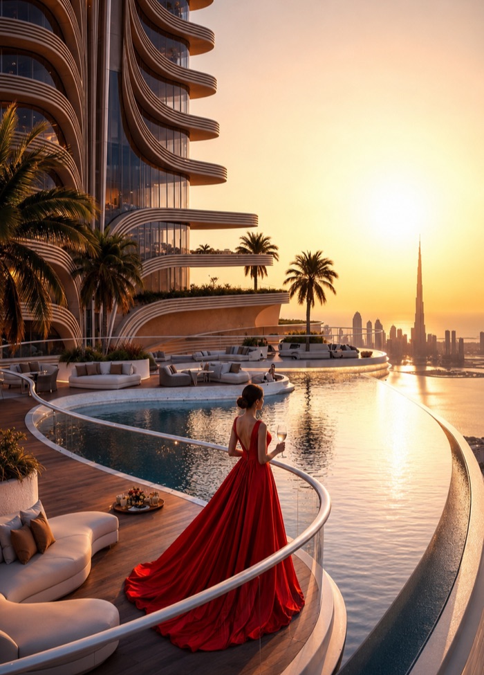 Dubai waterfront property at sunset