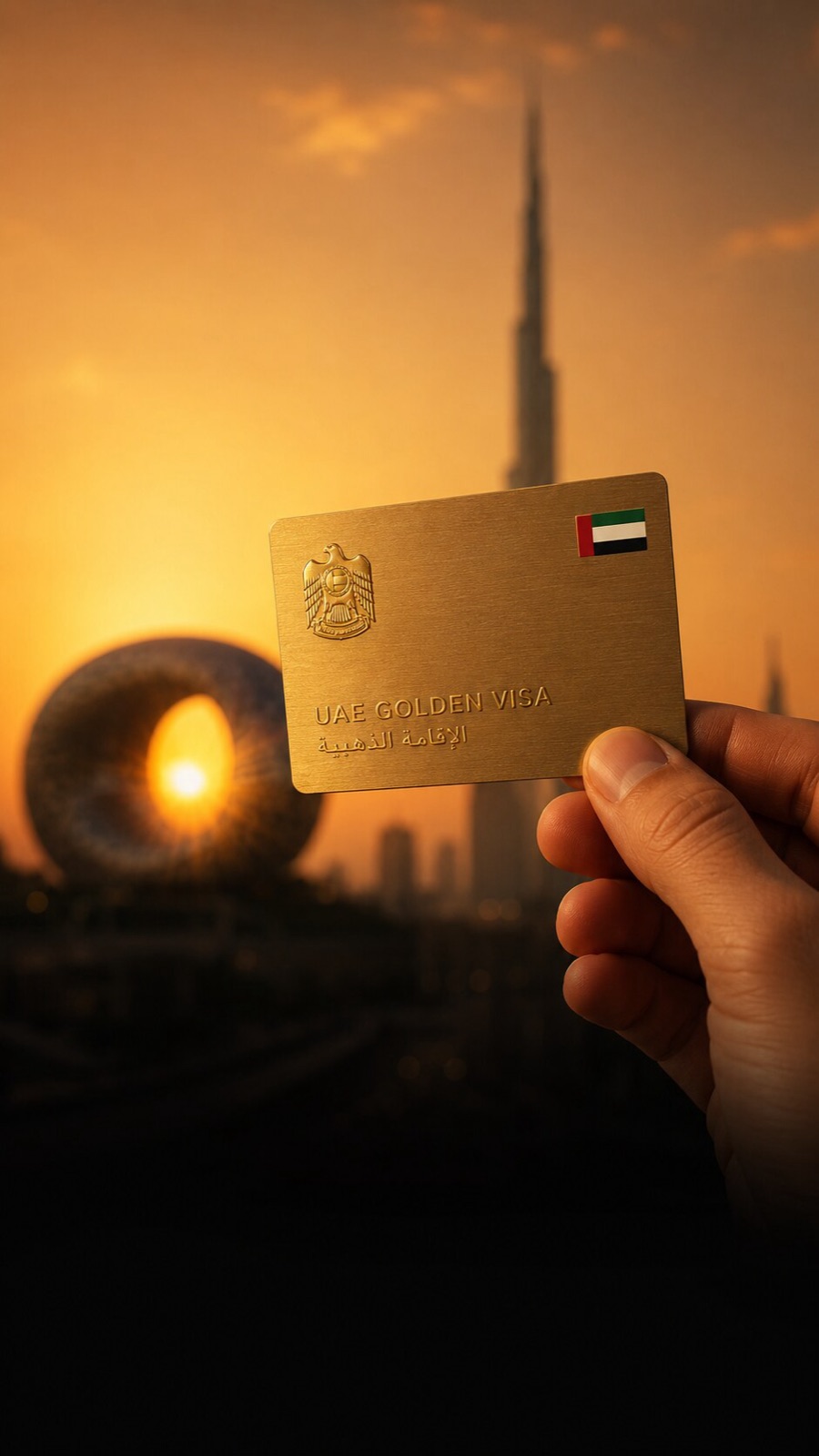 Hand holding a UAE Golden Visa card