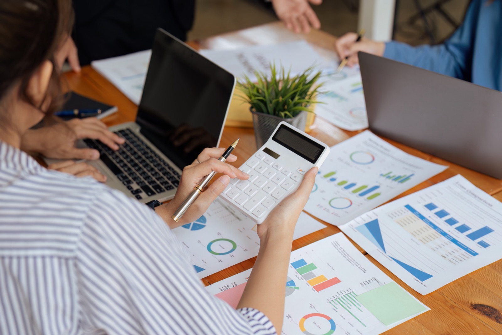 Accountant reviewing financial reports at a laptop